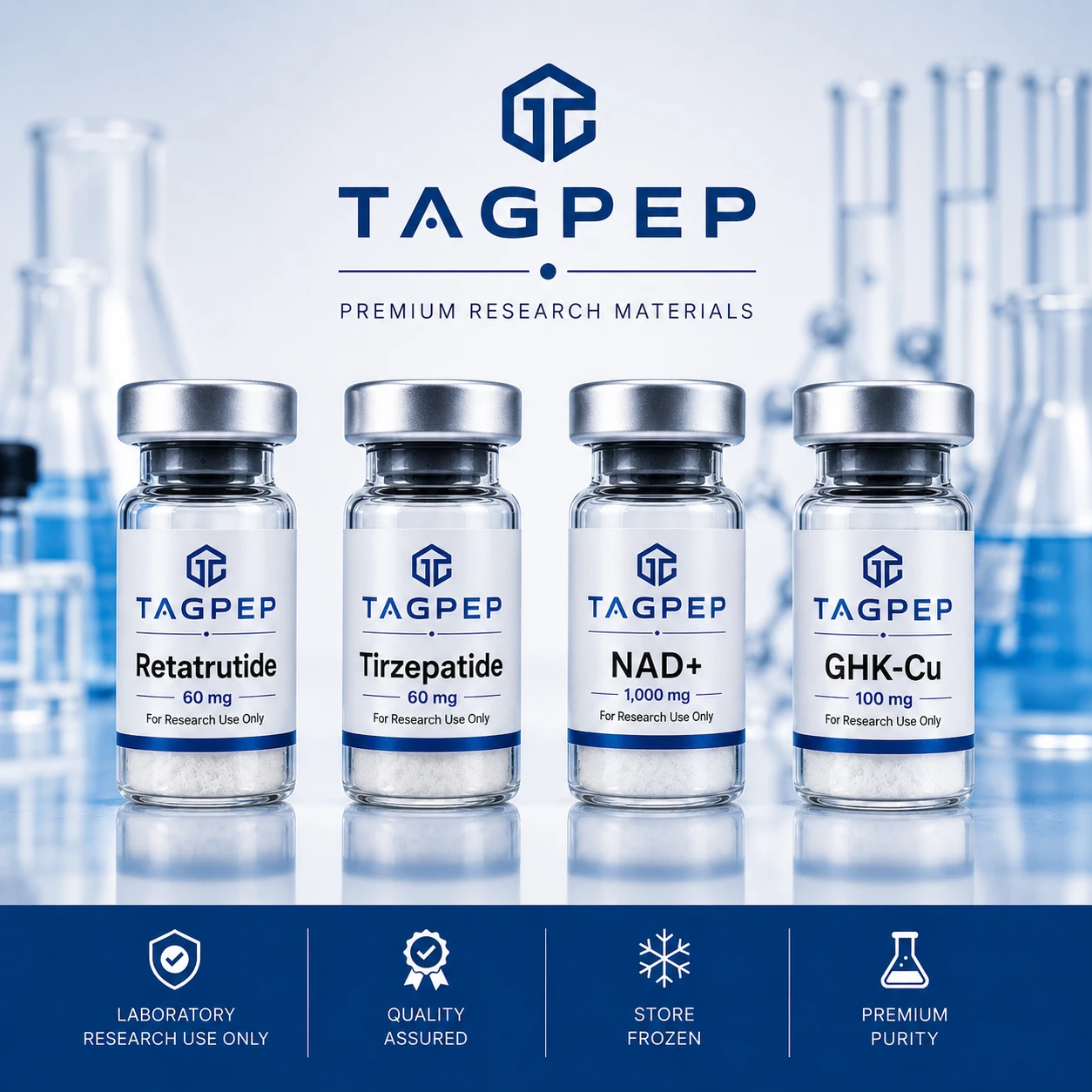 TagPep premium research materials — Retatrutide, Tirzepatide, NAD+ and GHK-Cu research vials